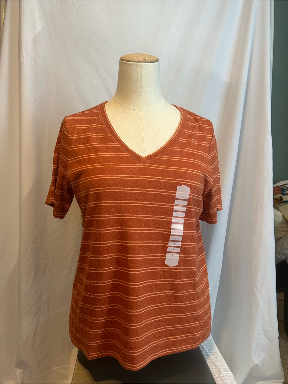 Duluth Trading Co Rust Orange Striped V-Neck Tee